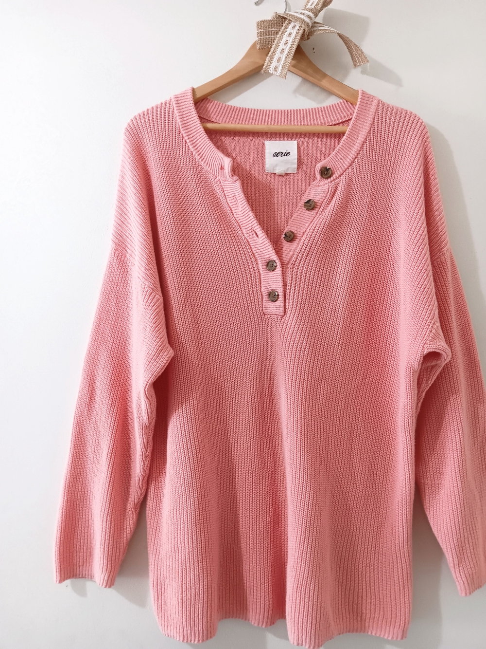 AERIE LIGHT STRAWBERRY PINK COTTON OVERSIZED HENLEY BUTTON FRONT SWEATER MEDIUM